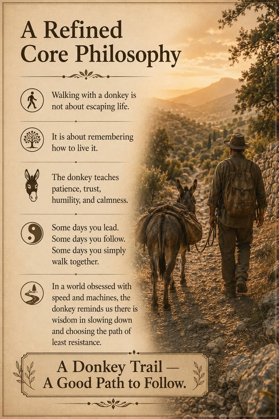 A person and donkey walking a natural trail at sunset